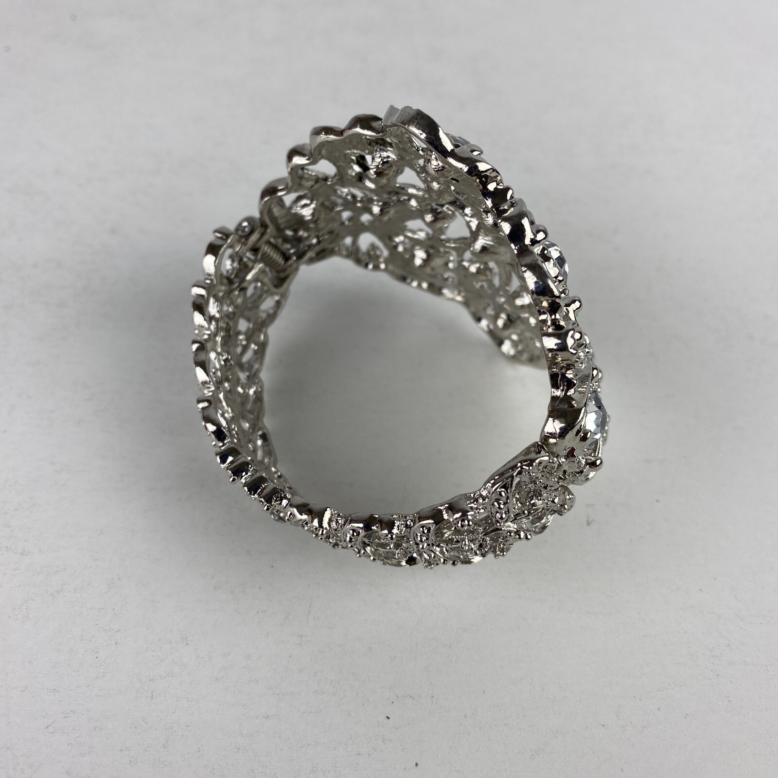Silver Colored Costume Fashion Jewelry Bracelet Opens Closes At Side Crystals