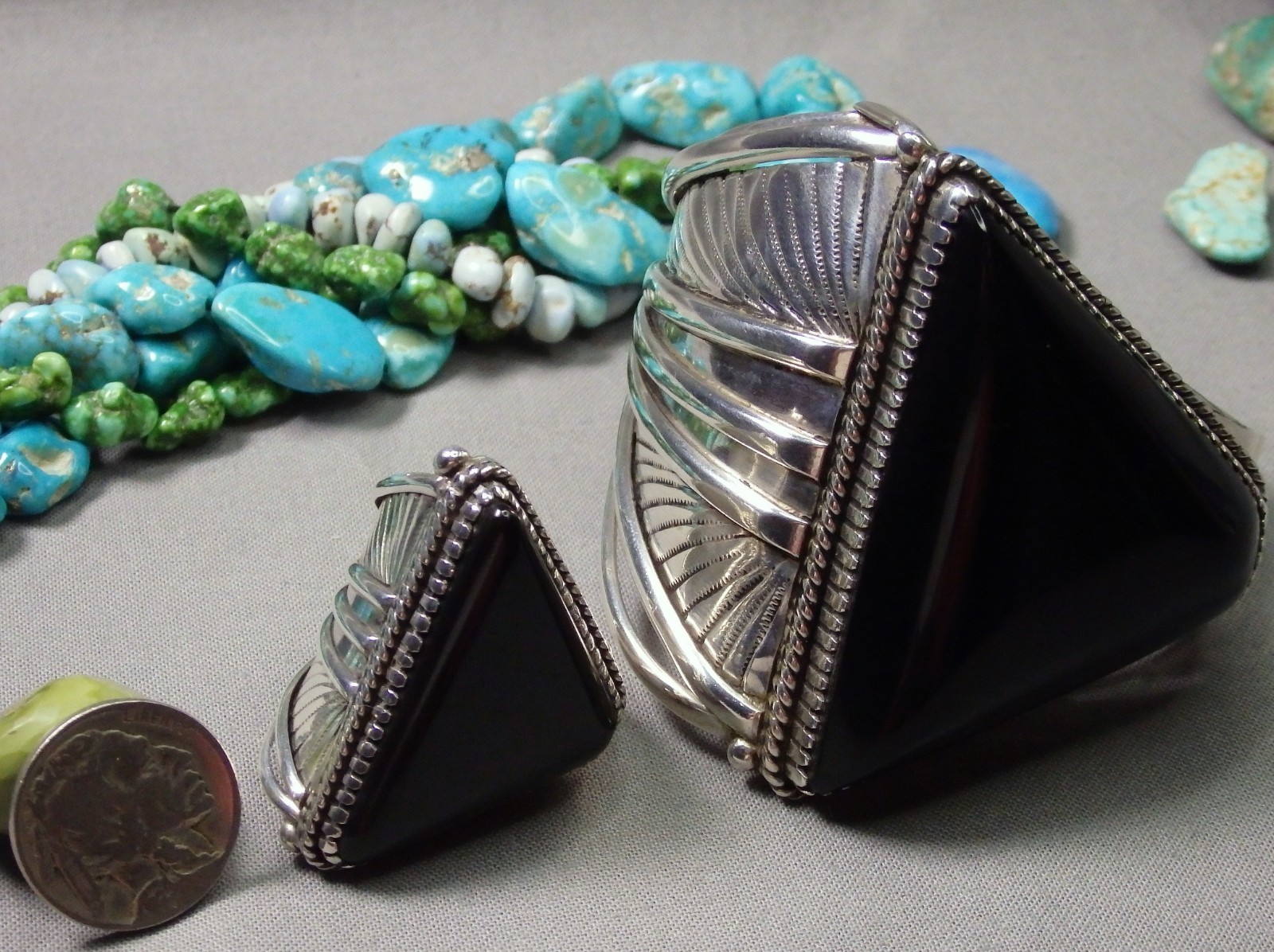 NAVAJO Yazzie Black ONYX Sterling Silver 114g 7″size Cuff & 36g Ring sz8.5 RARE