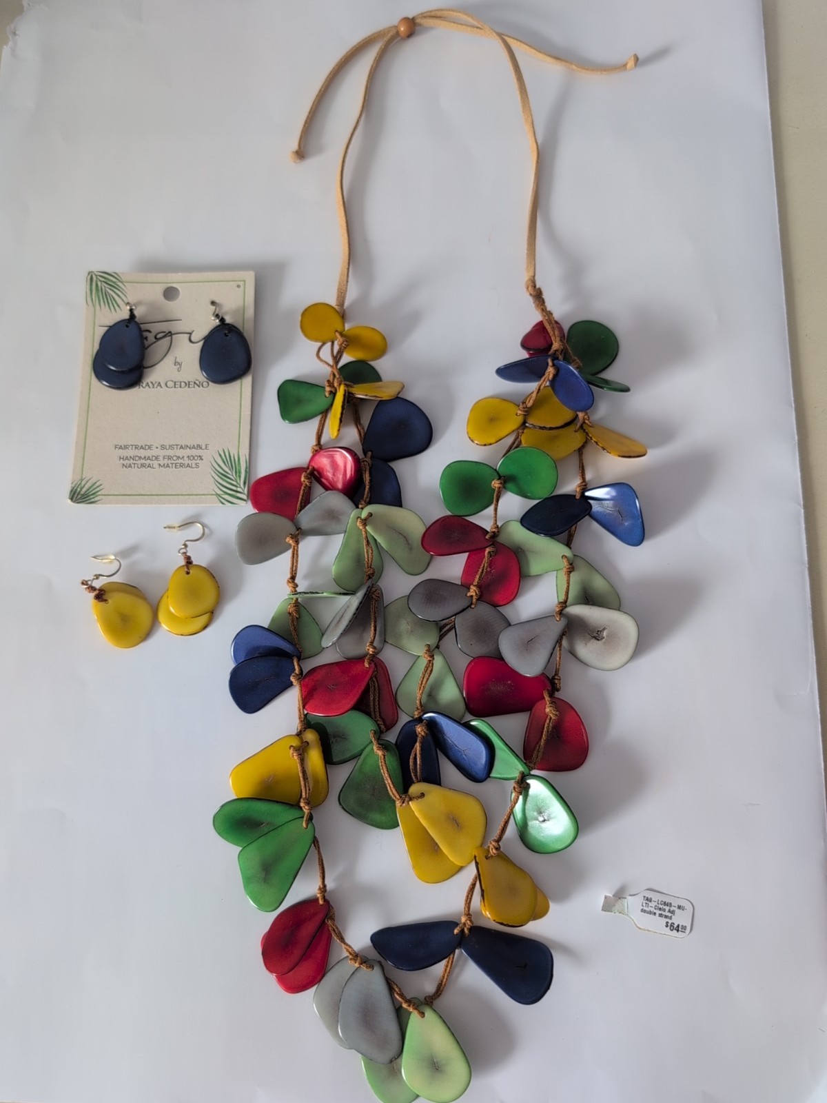 Tagua Soraya Cedeno Multicolor Handmade Double Strand Adj Necklace Earrings Set