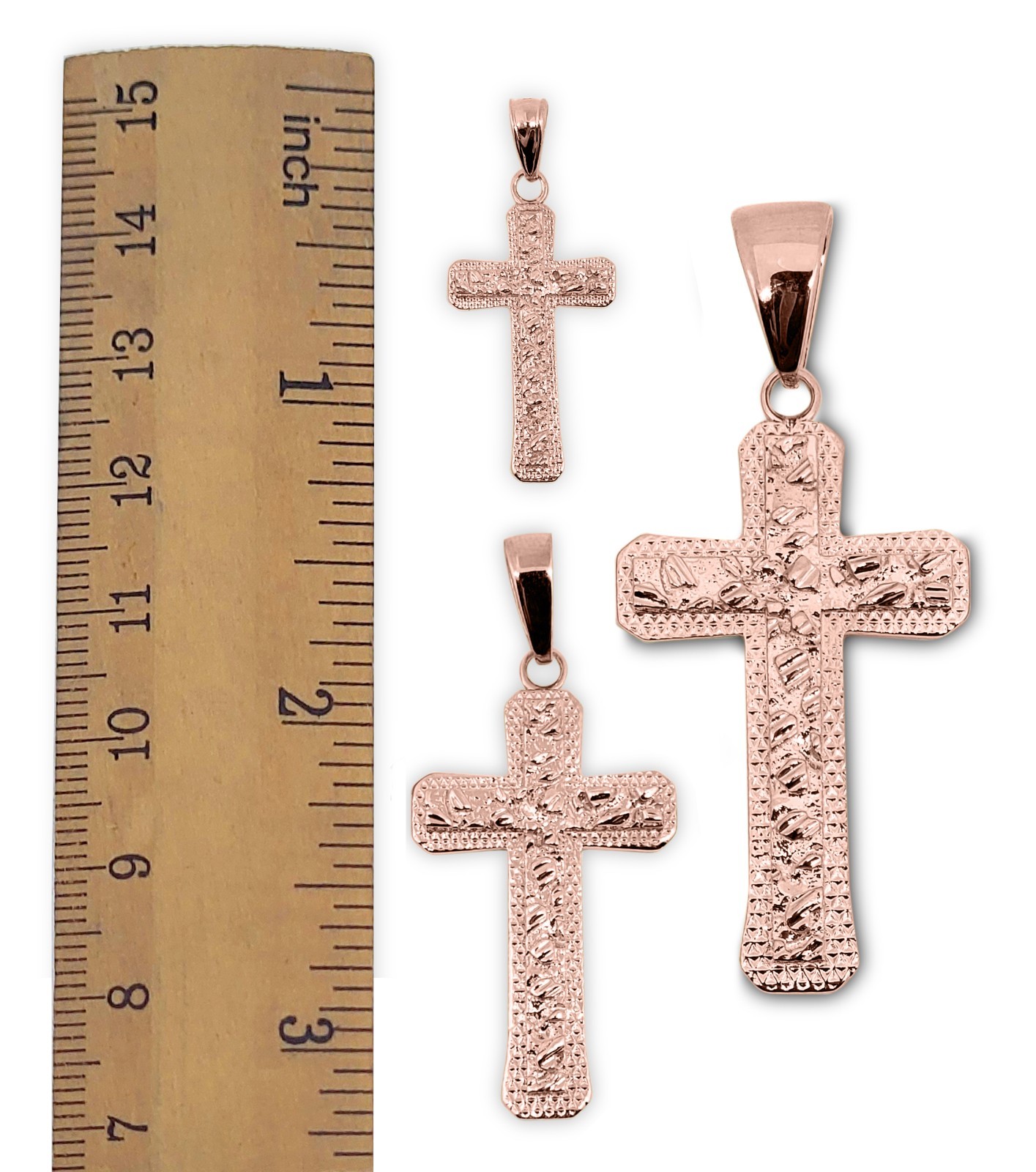 Real 10K Rose Gold Nugget Cross Textured Edge Mens Diamond Cut Pendant All Sizes