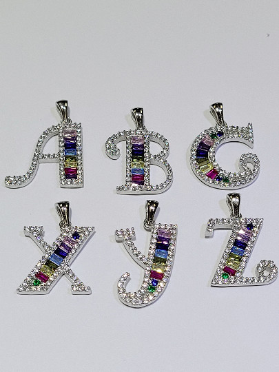 925 Sterling Silver Letter K Multicolor and White CZ initial Charm Pendant