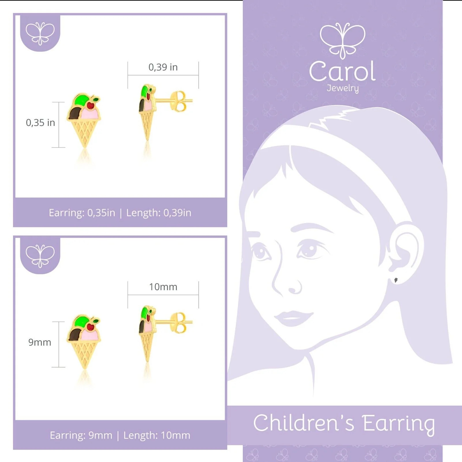 18k Solid Gold Enamel Ice Cream Butterfly Back Stud Earrings Infant and Toddler