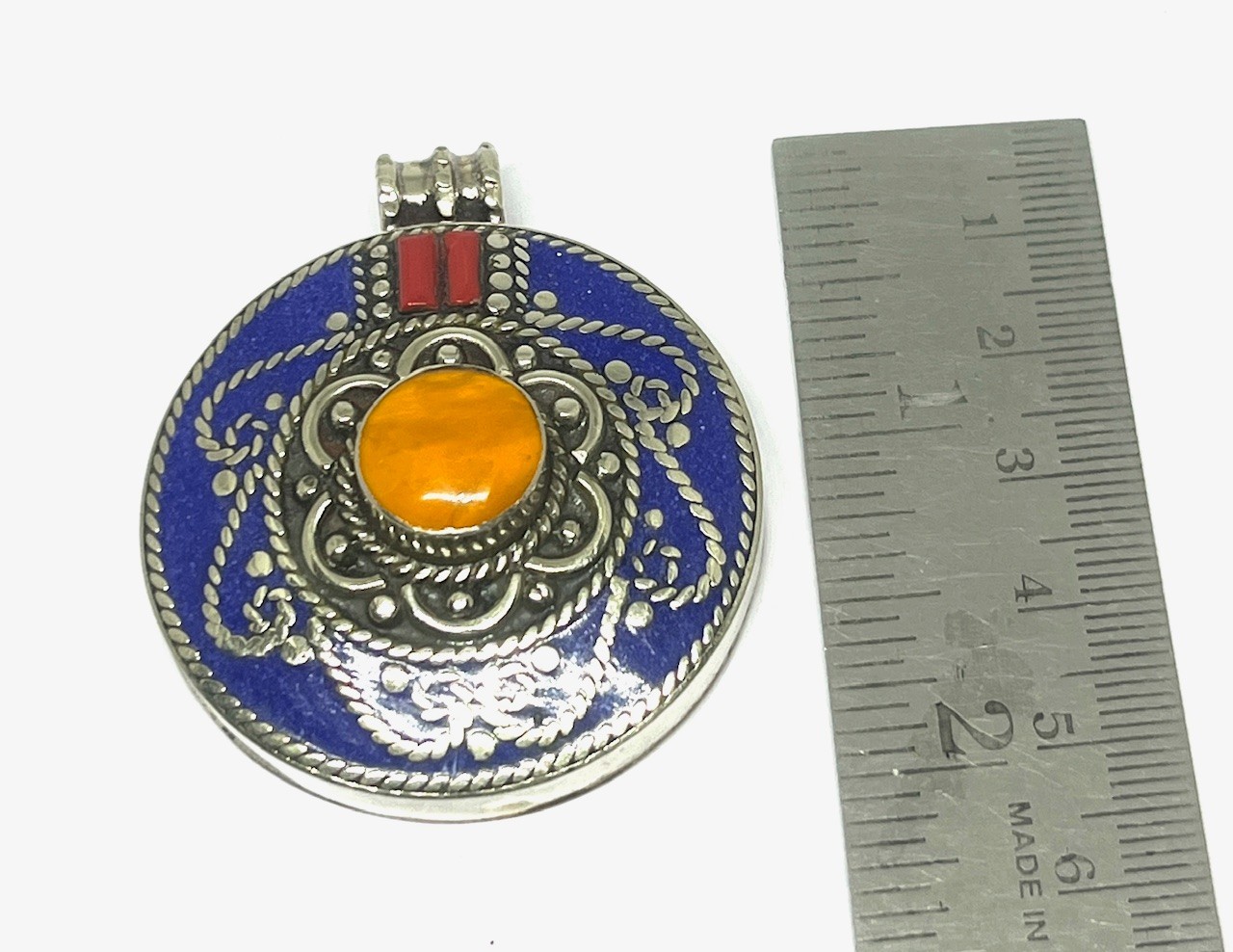 Art Deco Lapis Lazuli Amber Gemstone Tibetan Style Pendant Jewelry, 2.0 inch