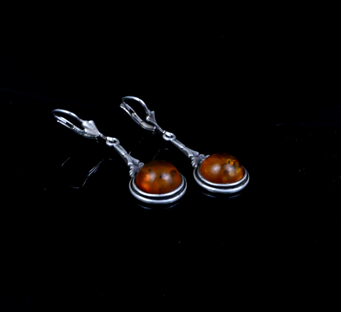 Baltic Amber 835s Silver Drop Earrings Vintage Round Long Floral