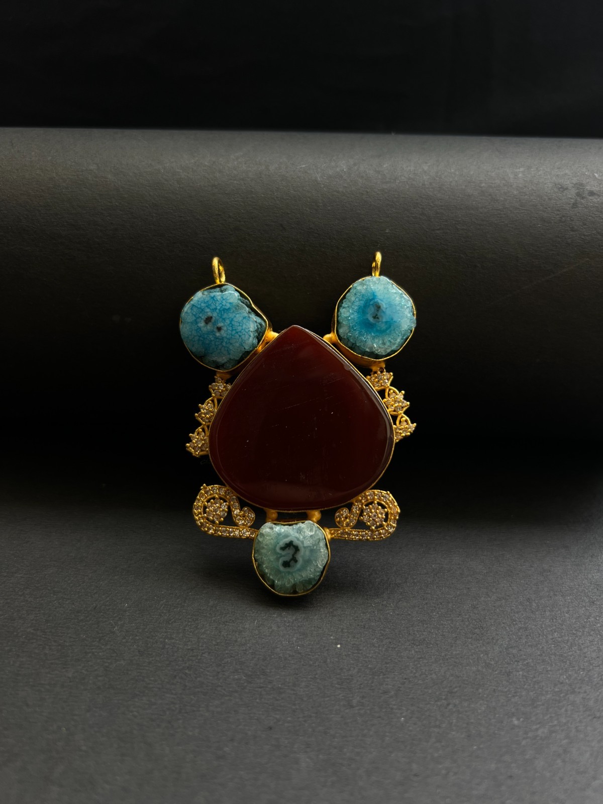 Designer Pendant Red Agate & Blue Druzy | Gold Plated Luxury Statement Jewelry