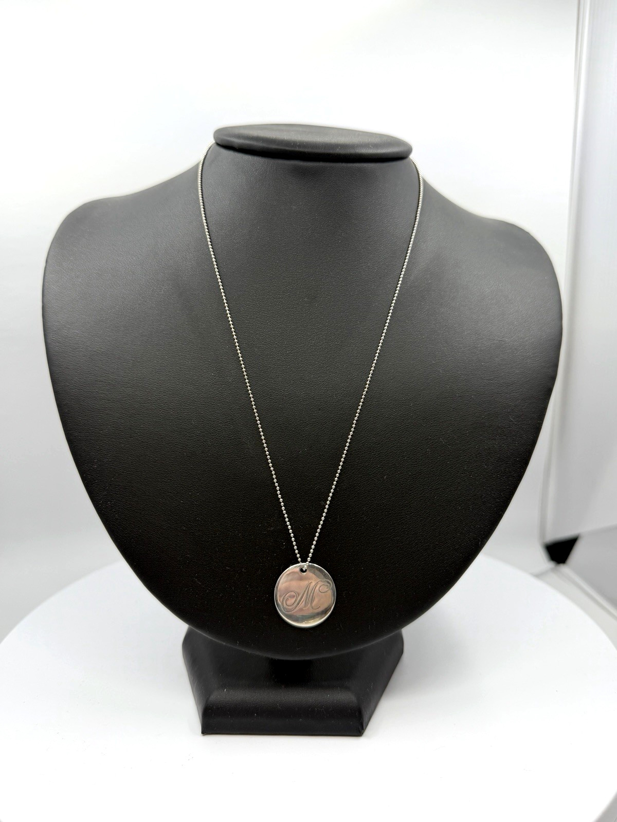 925 Tiffany & Co. Initial “M” Disc Pendant Beaded Necklace 18 Inches 6.3 grams