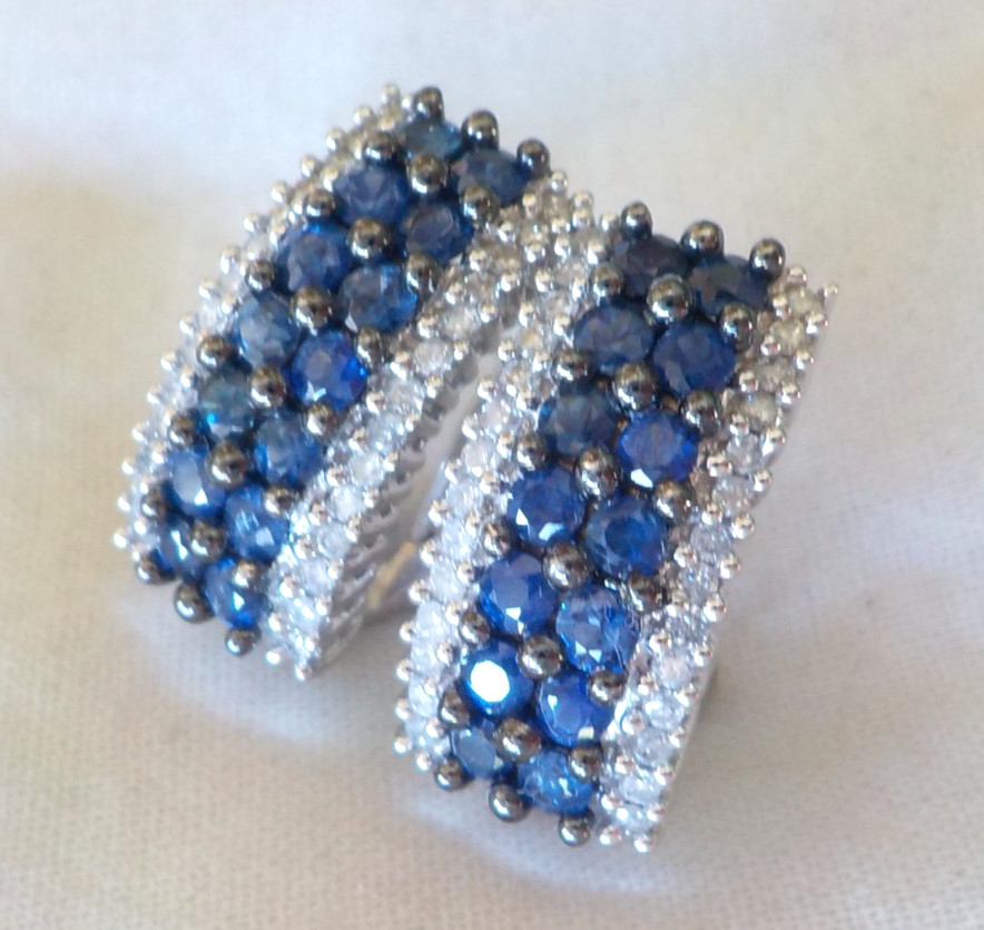 Heavy 14k White Gold Hoop Sapphire Diamond Earrings – 7.90 gms, 0.75 in, 2.52 ct