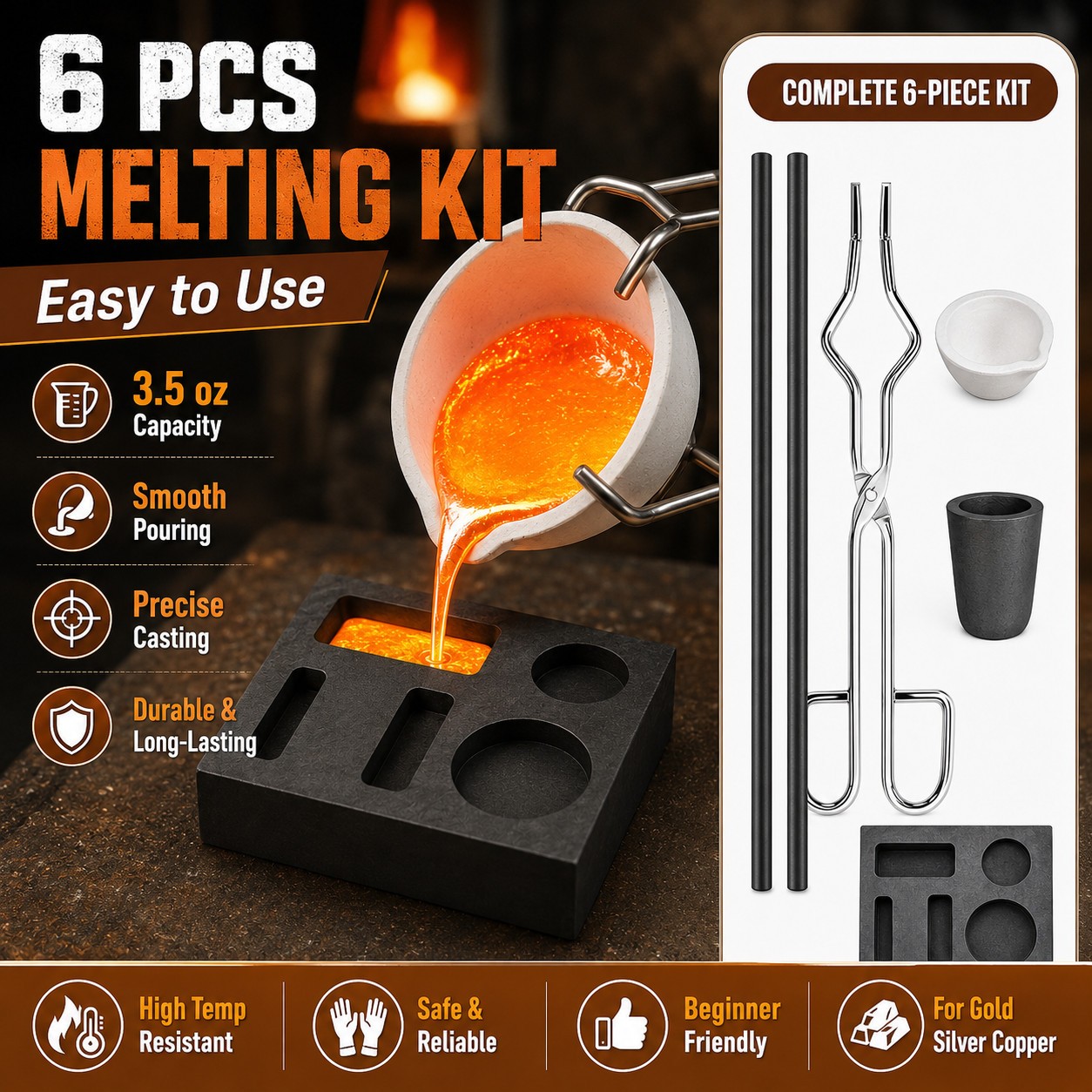 6Pack Metal Melting Refining Kit Graphite Mold Crucible Tongs Rods Copper