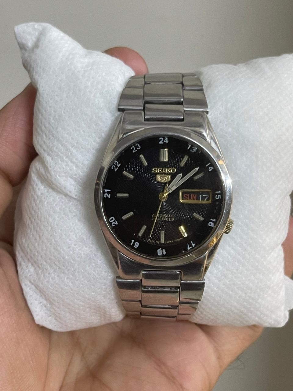 Seiko 5 SNK381 Black 24Hr Military Dial Arabic Day Automatic 21 Jewels Japan