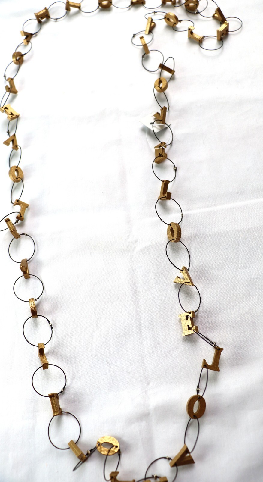 JIANHUI LONDON Gold Tone LOVE Letters Recycled Wood Wire Chain Necklace 52″ New
