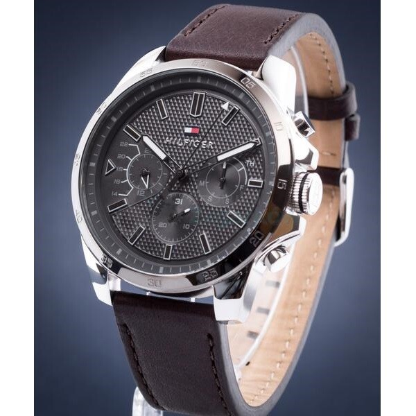 NEW TOMMY HILFIGER “ICONIC” TH1791562 SILVER/GREY/BROWN LEATHER MENS WATCH