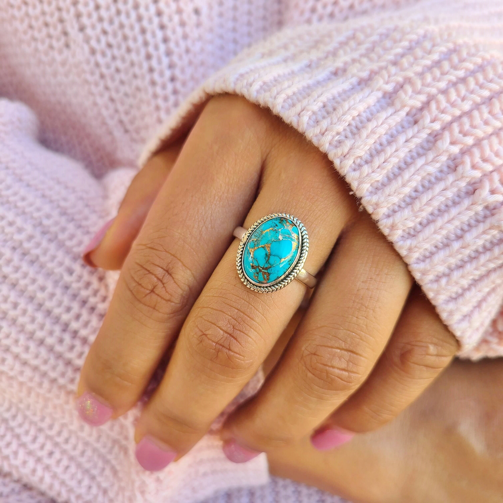 Genuine Copper Turquoise Ring 925 Sterling Silver Ring Hand Made Ships From USA