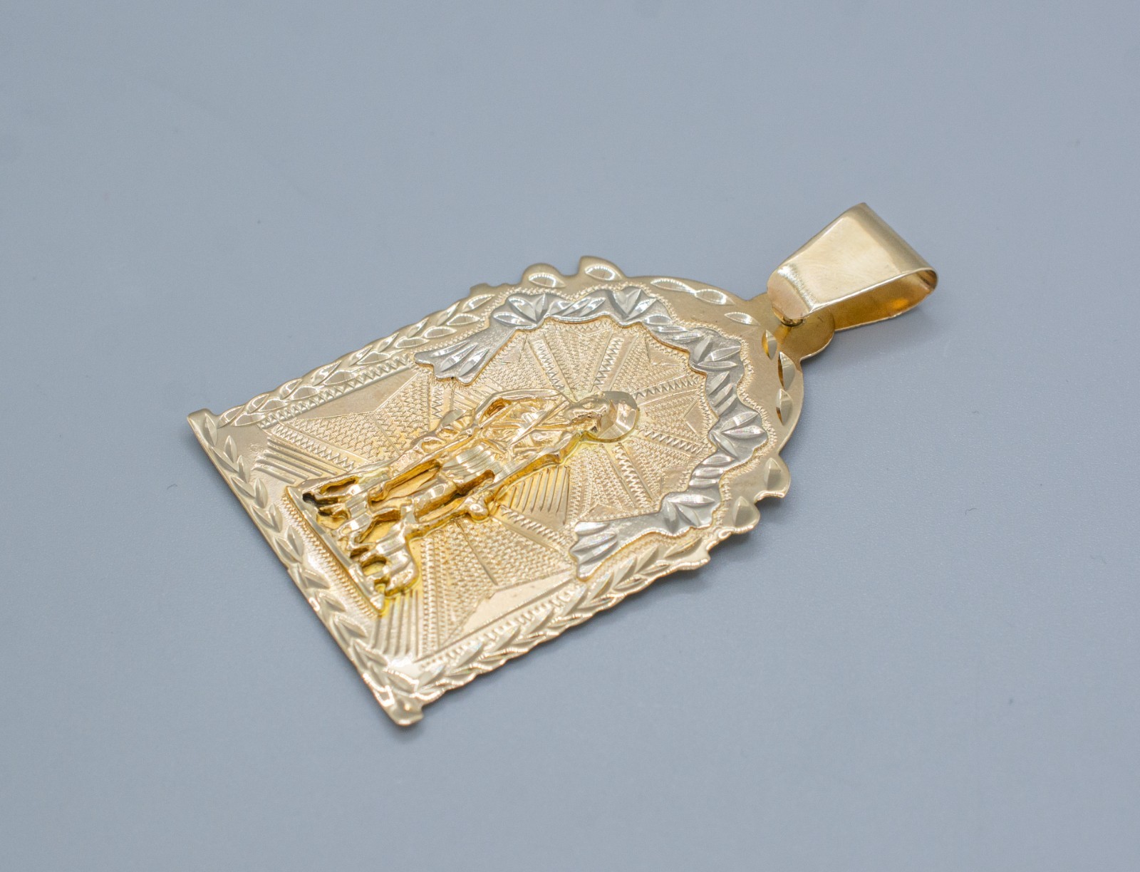 (MA4) 14k Two Tone Gold Saint Lazaro Pendant 16 Grams 2-3/4″x1-5/8″
