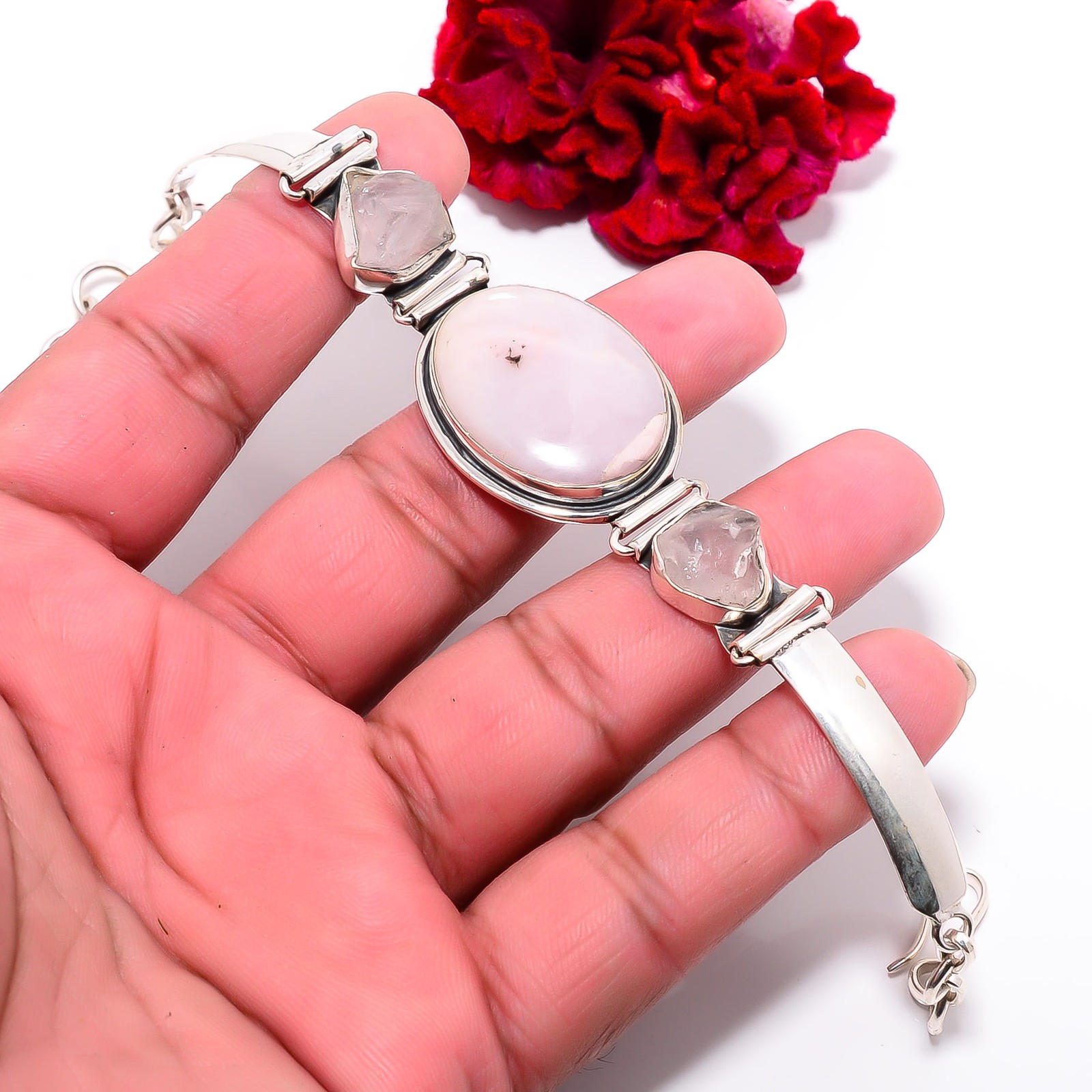 Pink Opal – Australia & Rough Pink Rose Quartz 925 Silver Bracelet 7.99″ B100107