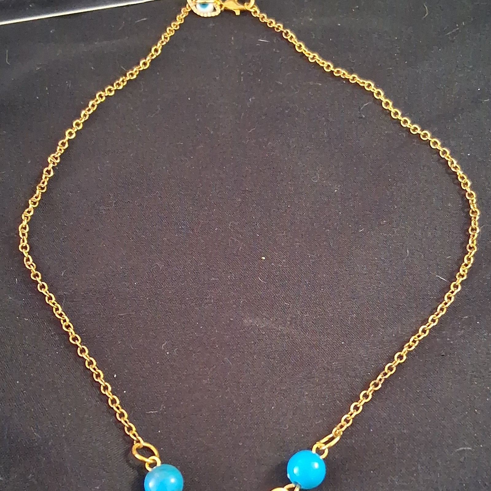 Golden Cable Chain Necklace Blue acrylic Beads Round Pendant Wire Wrapped.