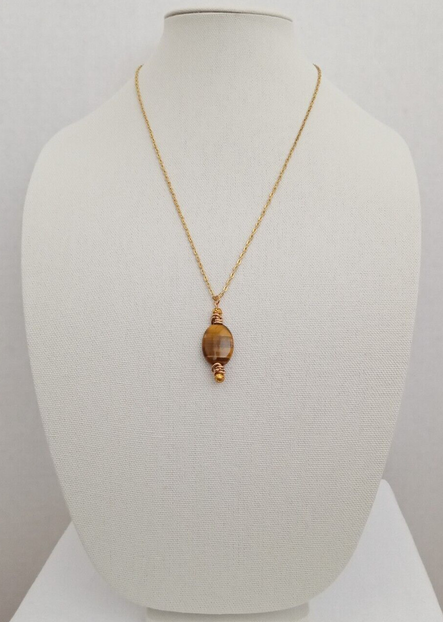 Handmade USA 24-inch Gold Color Chain Necklace Tiger Eye Oval Gemstone Bead