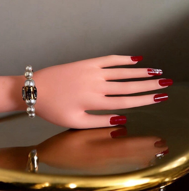 Elizabeth Cole 24K Gold Plated Faux Pearls And Crystal Cuff Bracelet 6in