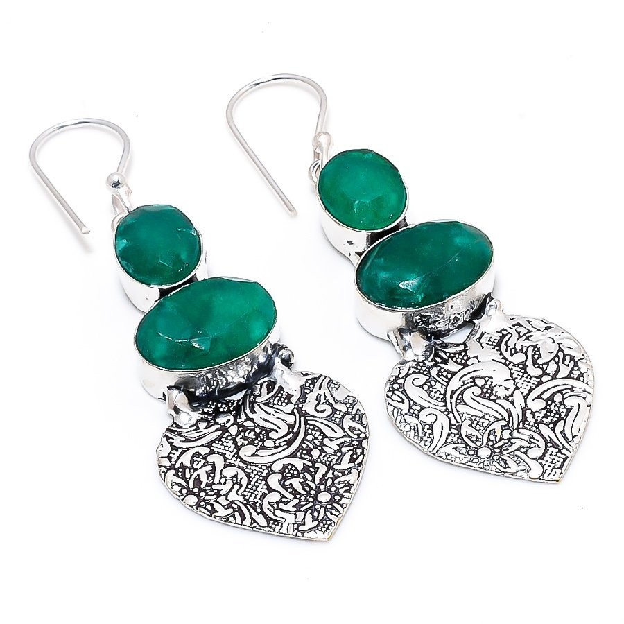 Green Onyx Earrings 925 Sterling Silver Handmade Heart Dangle Earrings Gift