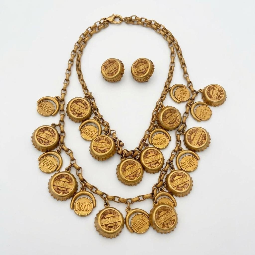 Vintage DKNY Donna Karan Bottle Cap Double Strand Necklace & Clip-On Earrings
