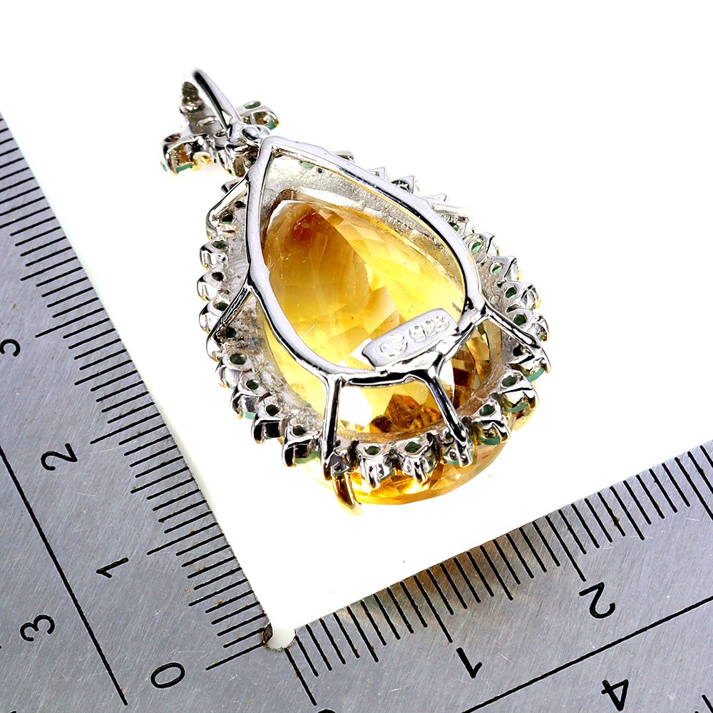 925 Sterling Silver Pendant Pear Citrine 49ct Emerald Handmade Gemstone Jewelry