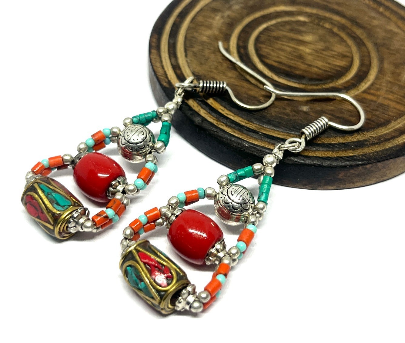 Nepalese Red Coral Turquoise Gemstone Handmade Earring Jewelry, 2.1 Inch