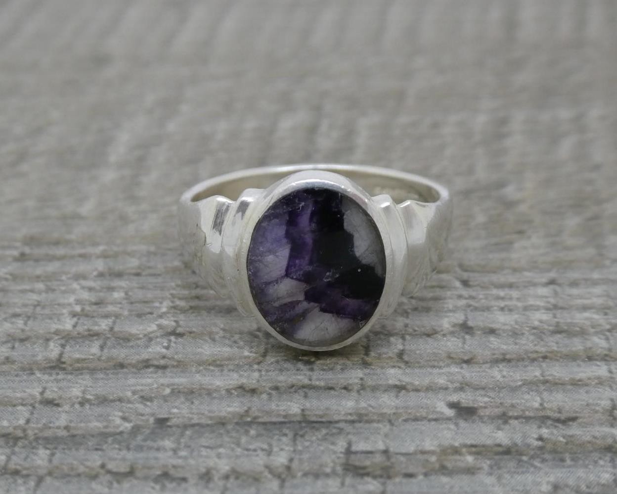 English Sterling Silver Natural Oval Derbyshire Blue John Signet Ring Size R
