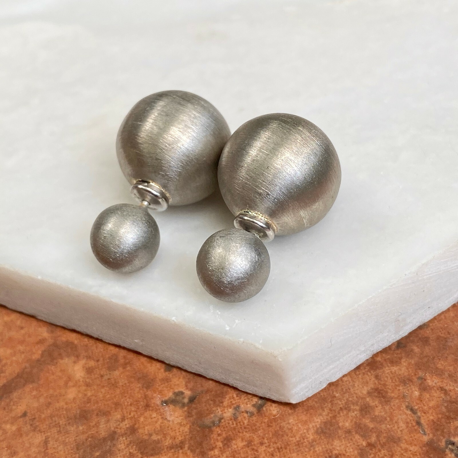 Sterling Silver Matte Satin Finish Double-Ended Ball Earrings 14 MM x 8 MM NEW