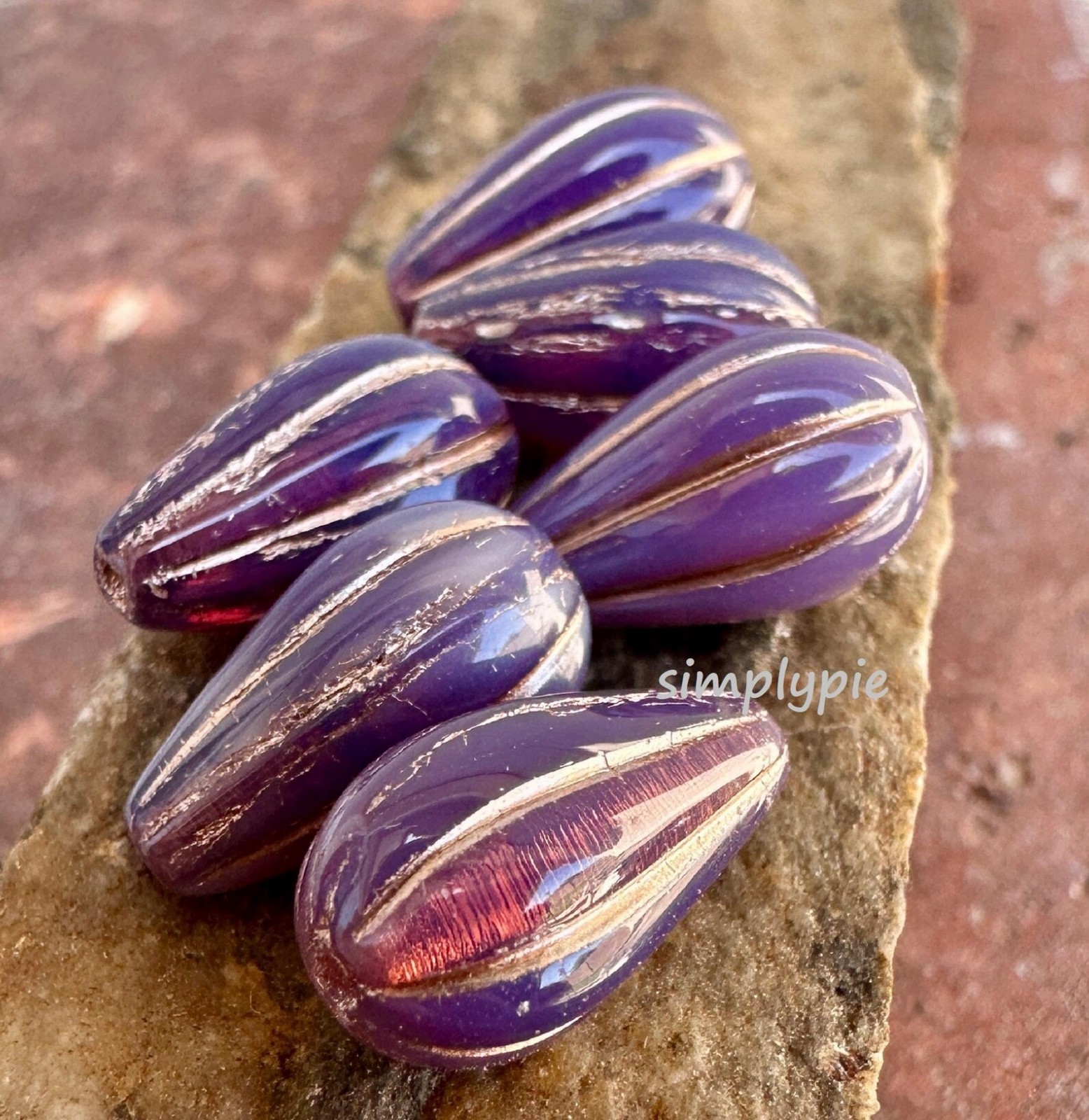Lilac Copper Wash Dangle Drop 6 Czech Teardrop Glass Beads Bohemian