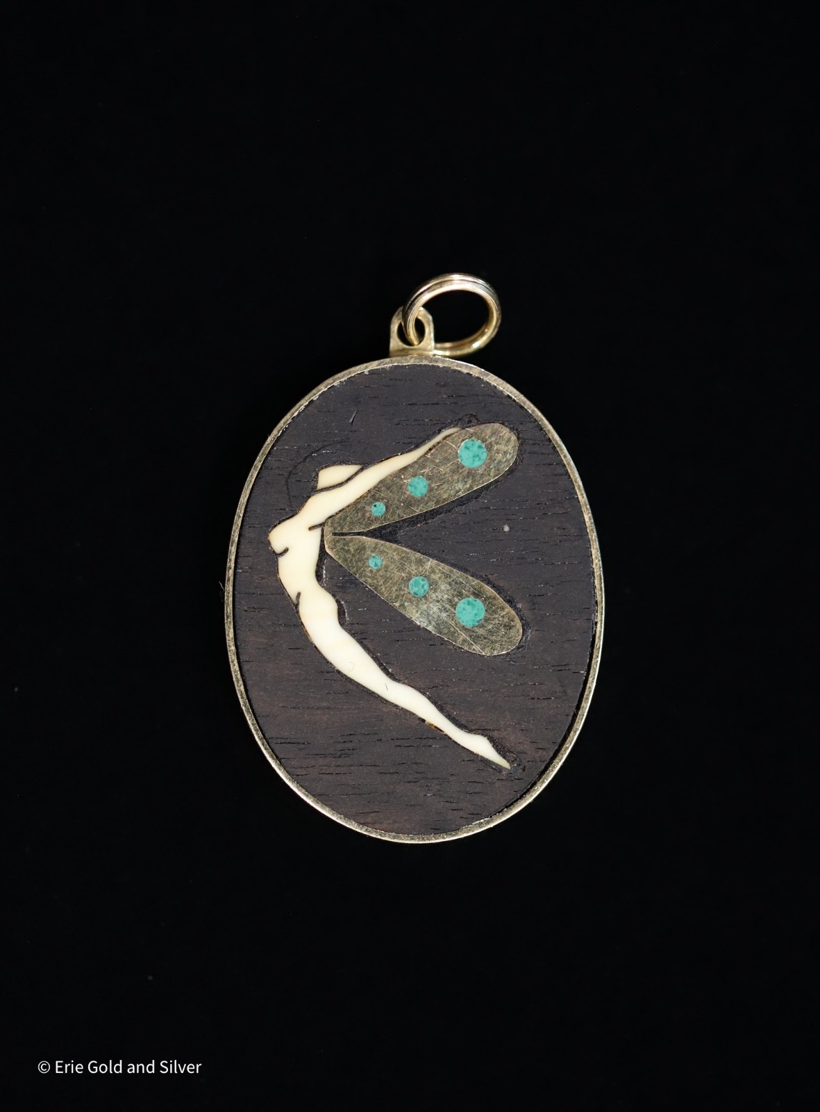14K YG Pietra Dura Angel Fairy Wood + Turquoise Inlay Pendant – Handmade