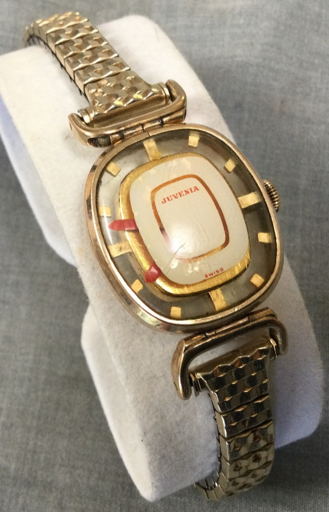 Vintage Juvenia Swiss Skeleton Mystery Watch 17 Jewels Speidel Band 10 K GF Caps