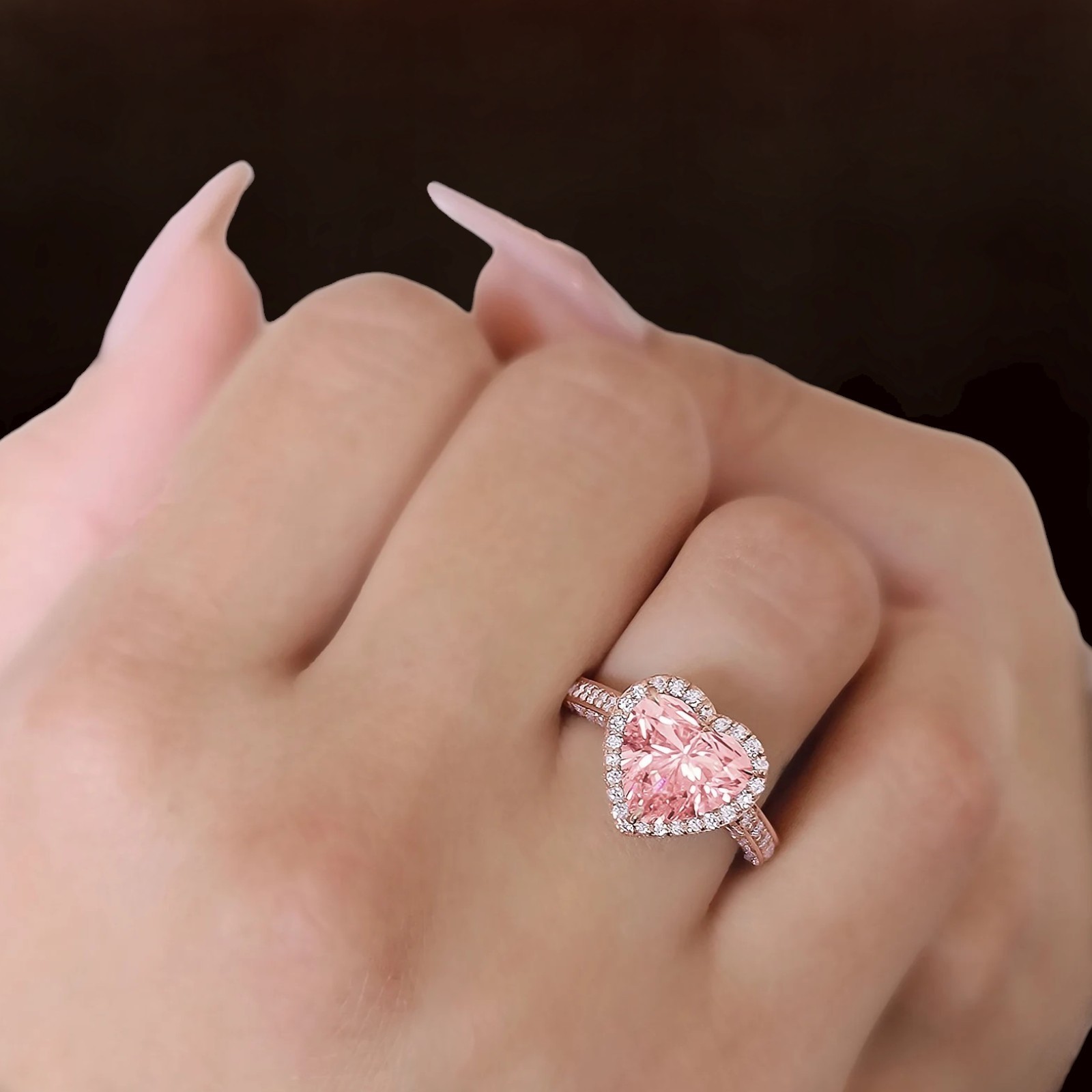IGI Lab Created Diamond Ring 4.00 Carat Heart Cut Fancy Vivid Pink 18k Rose Gold