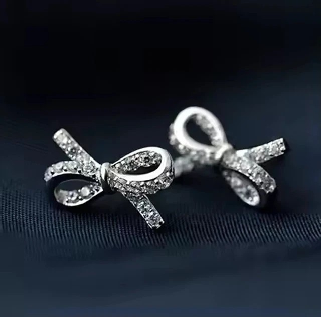Bow Shape Tiny Stud Earring 14K White Gold Plated 1.20Ct Round Simulated Diamond