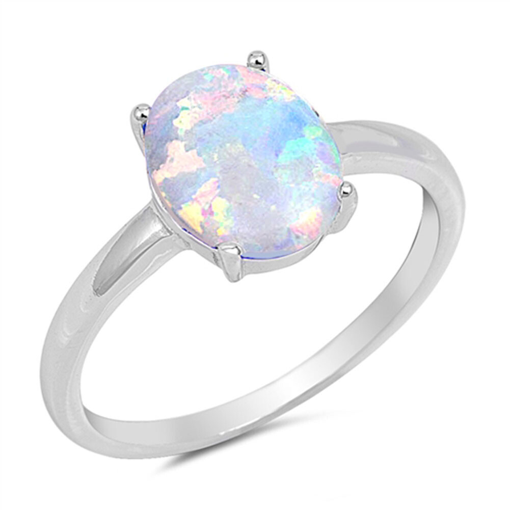 Women’s White Lab Opal Solitaire Ring New .925 Sterling Silver Band Sizes 4-10
