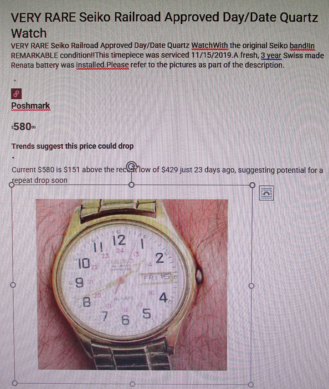 Seiko Railroad Wristwatch: Railroad Approved, 6 Emblems, Military Time & Date