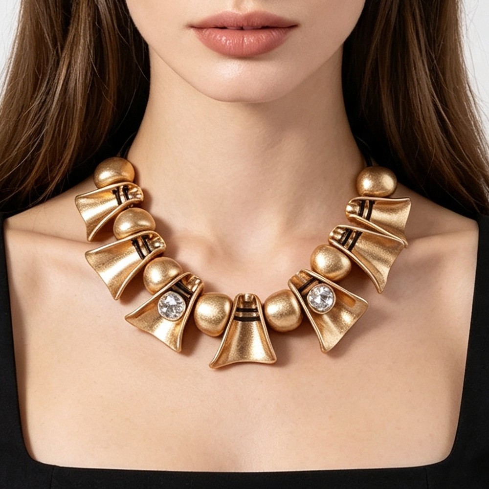 Women’s Gold Tone Geometric Statement Choker Necklace Matte Beaded Collar Bib Fa