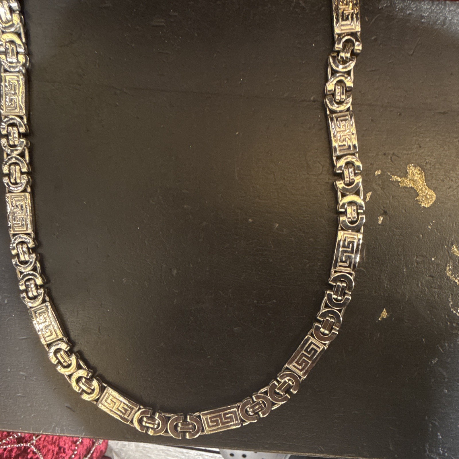 Silver Tone Greek Key Bar Link Chain Necklace with Lobster Clasp, No Stone