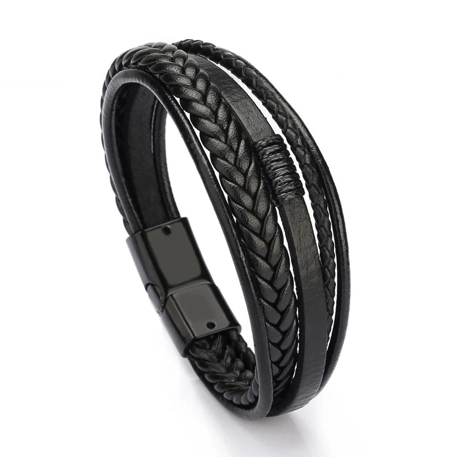 Men’s Multilayer Braided Leather Bracelet with Stainless Steel Clasp 21cm