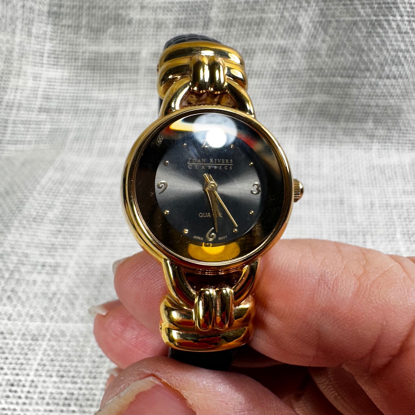 Joan Rivers Classics Womens Gold Tone Black Lizard Embossed Cuff Watch V377