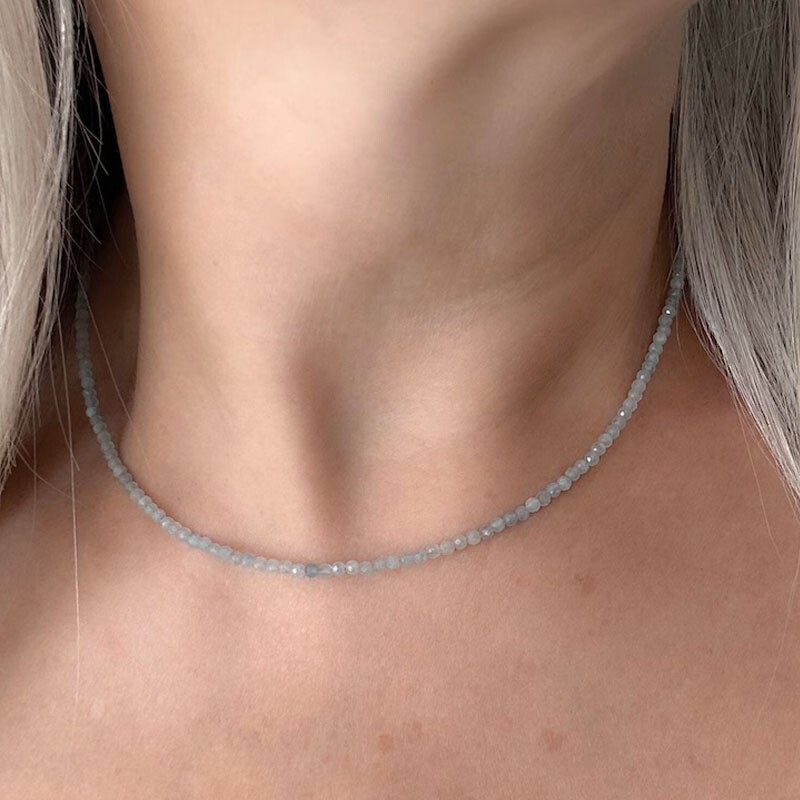 2mm Aquamarine Crystal Gemstone Faceted Beads Dainty Choker Necklace Minimalist