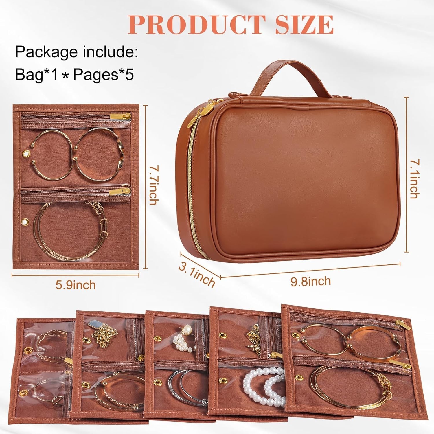 Leather Jewelry Case Organizer with Clear Pouch for Travel and Home Storage