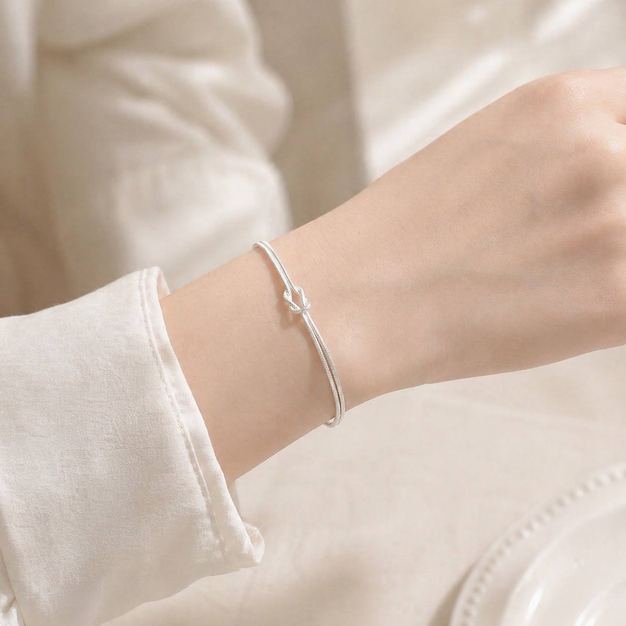 925 Silver Love Knot Bracelet Double Layer Snake Chain Bracelet 041