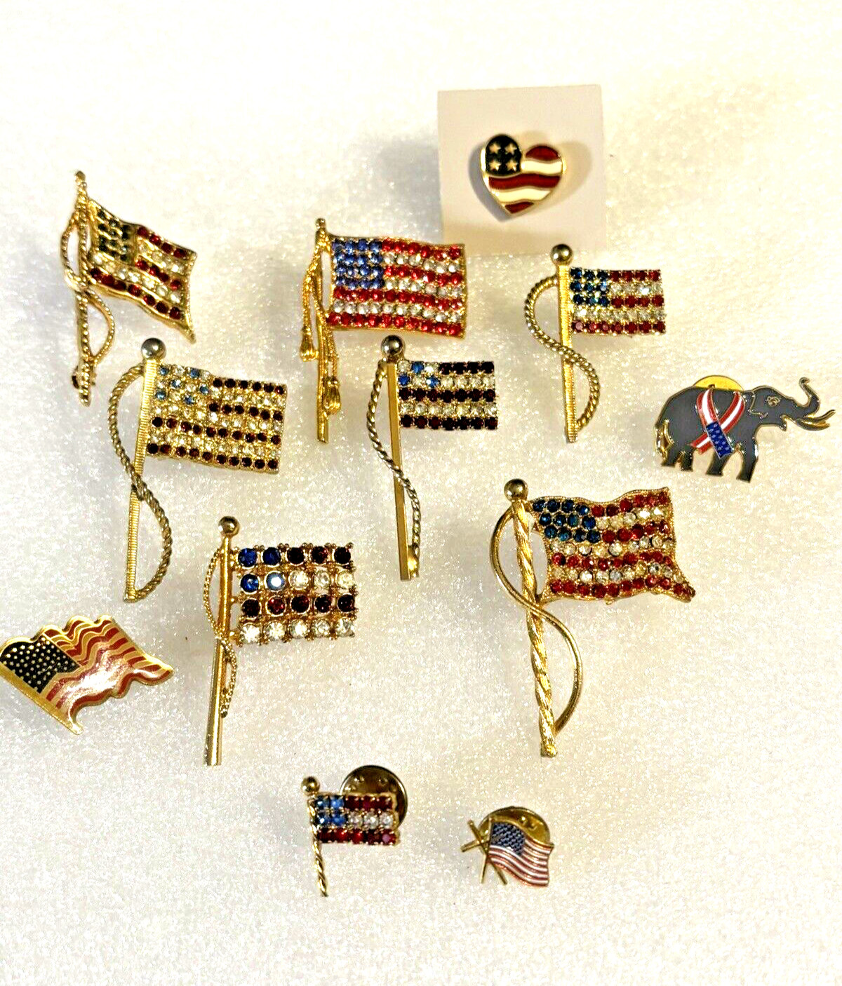 Vintage Flag Pin Brooch LOT Rhinestone Enamel Gold Tone 12 Pieces Heart Elephant