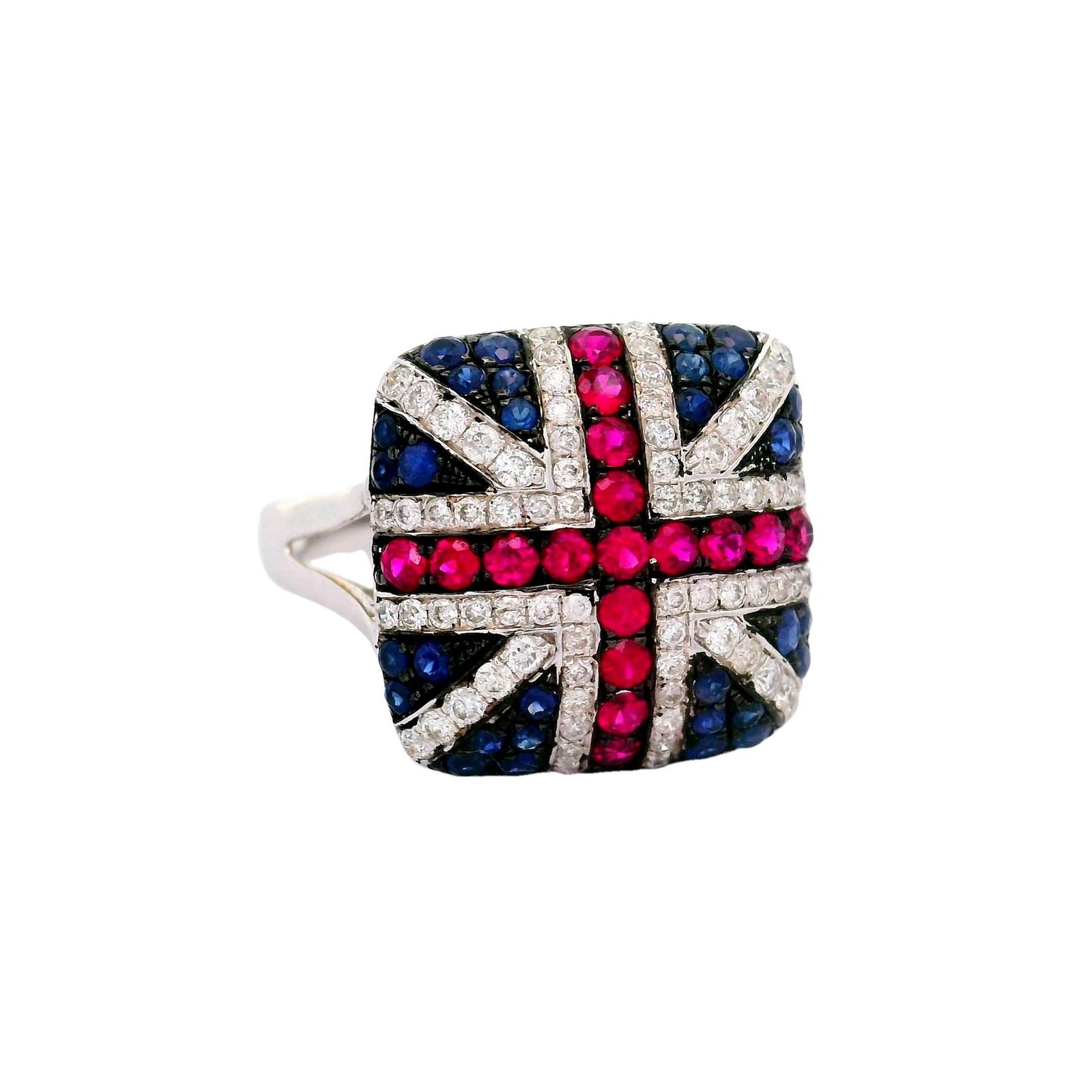 Ruby Sapphire Diamond 18k White Gold “United Kingdom Flag” Ring
