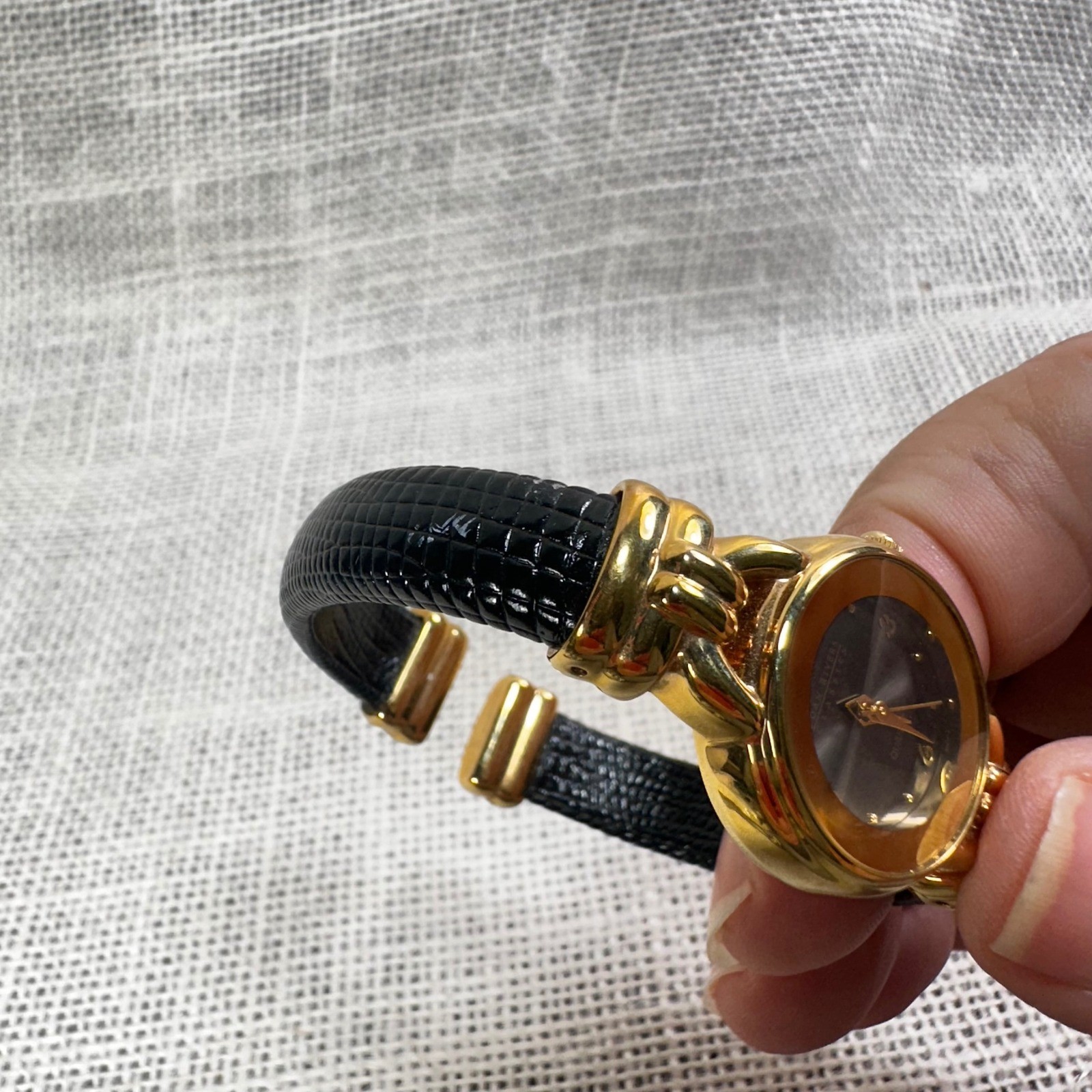 Joan Rivers Classics Womens Gold Tone Black Lizard Embossed Cuff Watch V377