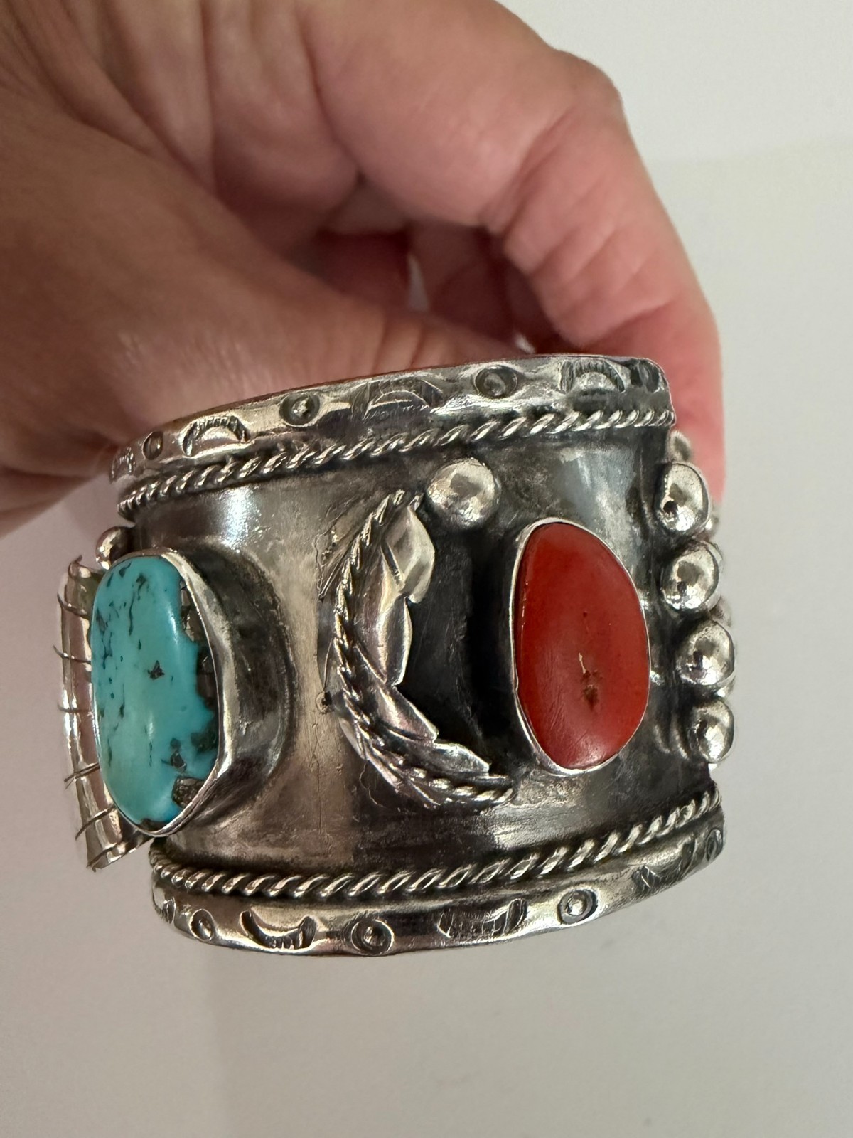 Vintage Navajo Sterling Watch Cuff Bracelet 114g Turquoise Coral 1940’s Men’s 6”