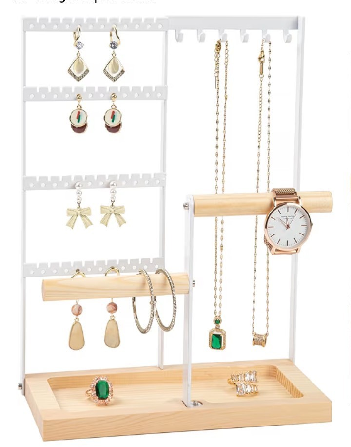 Dracelo Modern 4-Tier Metal and Wood Jewelry Organizer Tower Rack