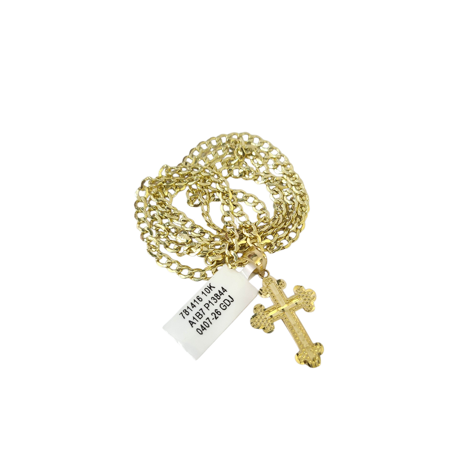 10K Gold Cuban Curb Link Chain Necklace Christ Cross Pendant Set 3mm 18″–24″