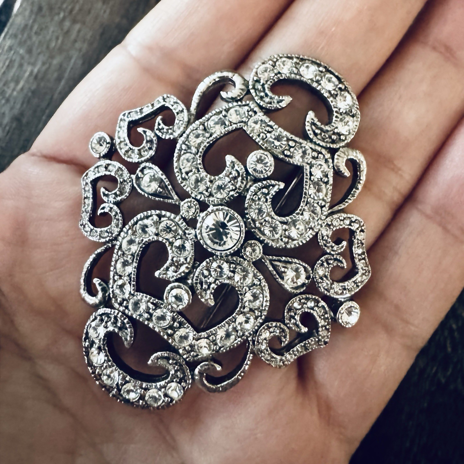 Silver Scroll Filigree Brooch Pin w/ Swarovski Crystals by JBK Camrose & Kross