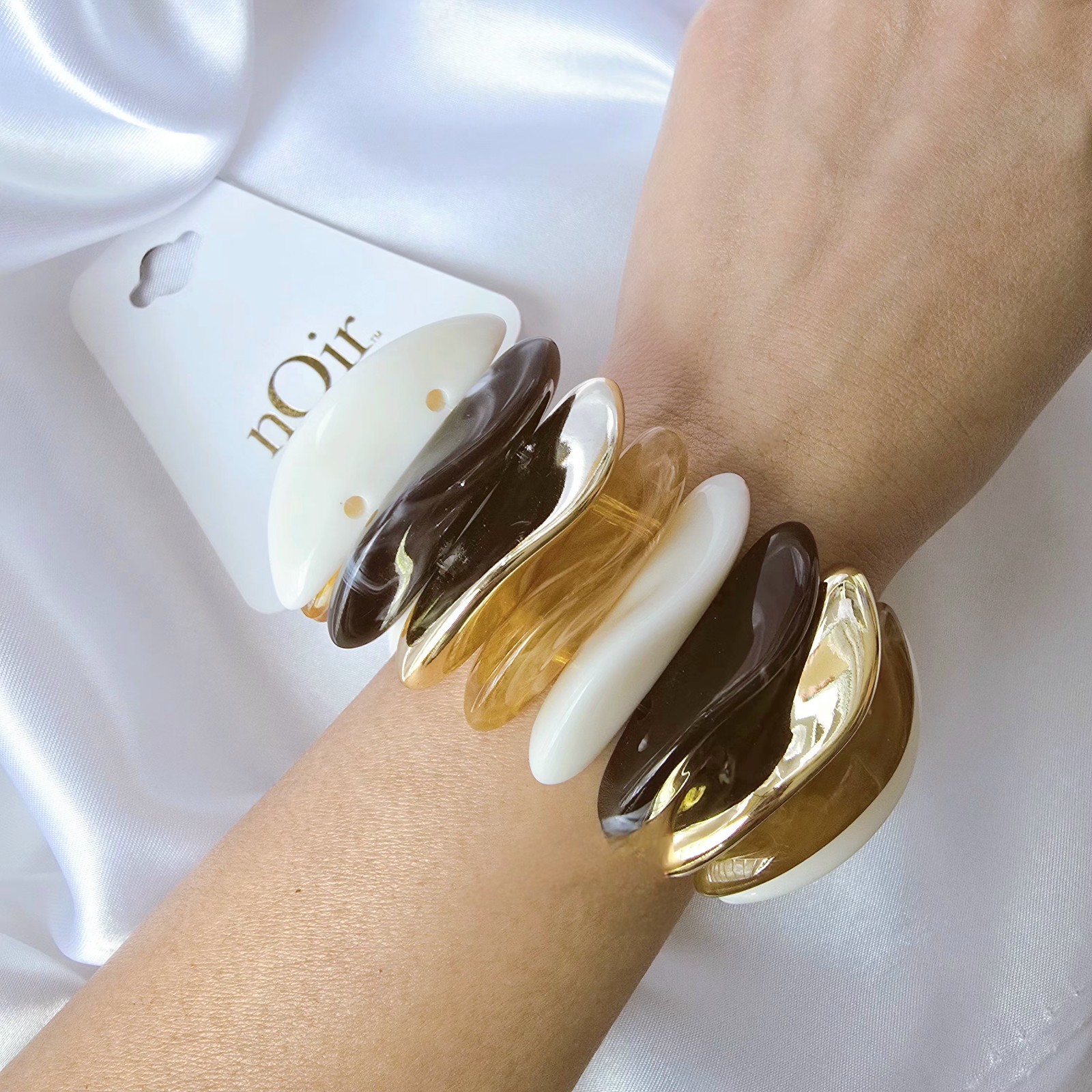 nOir Beaded Statement Stretch Bracelet, Gold White Brown Yellow, Art Theme