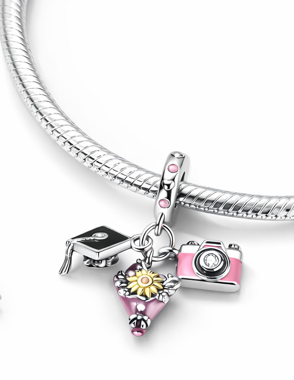 MariaFonte Charm Graduation Hat Flowers Photo Capture Life 925 Silver Compatible
